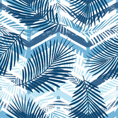 Tropical pattern, palm leaves seamless vector floral background. Exotic plant on blue chevron stripes print. Summer nature watercolor zigzag lines jungle print
