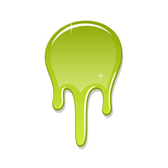 Drip paint spot 3D isolated on white background. Green ink splash. Splatter stain texture. Dribble down design. Flow art material. Liquid drop. Fluid spill stain Vector illustration