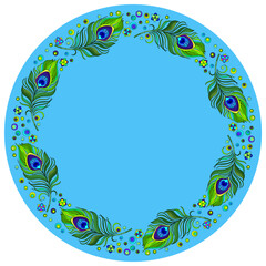 Design ornament for round product, bright feather and flowers in the style of stained glass on a blue background