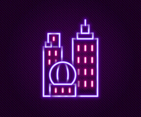 Glowing neon line City landscape icon isolated on black background. Metropolis architecture panoramic landscape. Colorful outline concept. Vector