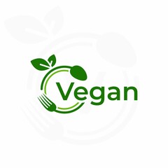 Vegan restaurant logo template. Healthy food symbol. Vegan food. Fork and spoon. Leaf. Plate.