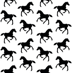 Vector seamless pattern of hand drawn horse foal silhouette isolated on white background
