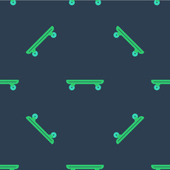 Line Longboard or skateboard cruiser icon isolated seamless pattern on blue background. Extreme sport. Sport equipment. Vector