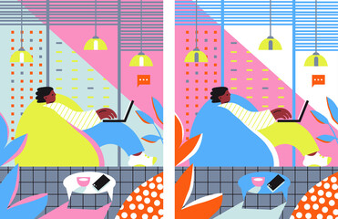 People working in coworking space. Workplace, worker, technology concept. Vector illustration can be used for topics like business, communication, coworking space. Collaborative workspace illustration