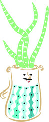 Cactus dad in a ceramic pot. A pot with eyes. Blue ornament. Vector graphics.