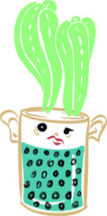 Cactus son in a ceramic pot. A pot with eyes. Blue ornament. Vector graphics.