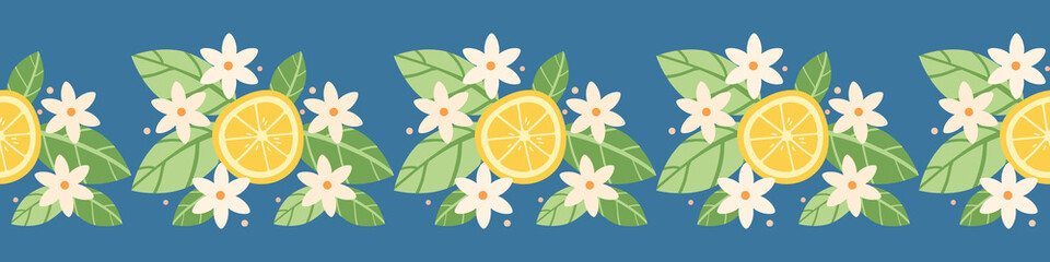 seamless border of citrus slices, blossoming lemon flowers. vector illustration.