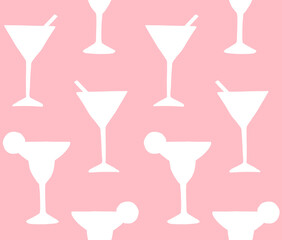 Vector seamless pattern of hand drawn doodle sketch margarita and martini cocktail silhouette isolated on pink background