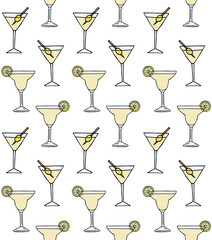 Vector seamless pattern of hand drawn doodle sketch colored margarita and martini cocktail isolated on white background