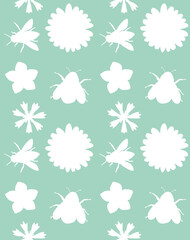 Vector seamless pattern of white hand drawn flowers and bee bumblebee insects silhouette isolated on mint green background