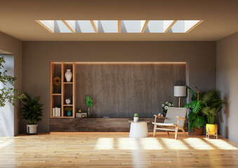 Living room with armchair and plant on concrete wall background.