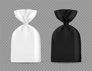 Black and white packages with clip. Vector 3d realistic isolated on transparent. Mockup. Blank template. Plastic or cellophane bag packaging for various products. Ready for your design. EPS10. 