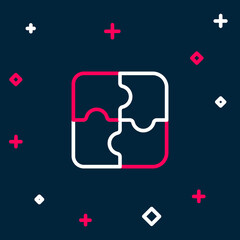 Line Piece of puzzle icon isolated on blue background. Business, marketing, finance, template, layout, infographics, internet concept. Colorful outline concept. Vector