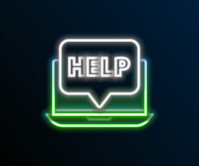 Glowing neon line Laptop and help icon isolated on black background. Adjusting, service, setting, maintenance, repair, fixing. Colorful outline concept. Vector