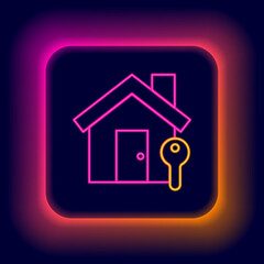 Glowing neon line House with key icon isolated on black background. The concept of the house turnkey. Colorful outline concept. Vector