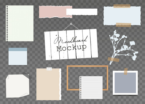 Mood board template with different pieces of torn paper, multi-colored notes on sticky tape, wooden frame, photo card and flower branch.Blank templates isolated on transparent. Vector realistic. EPS10