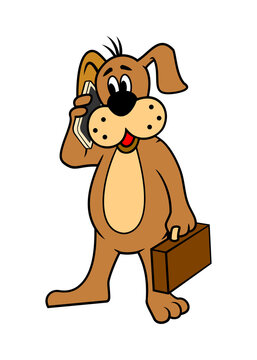 Cartoon Dog with briefcase standing and speaking by cell phone. One piece from the set of this character. Vector clipart.