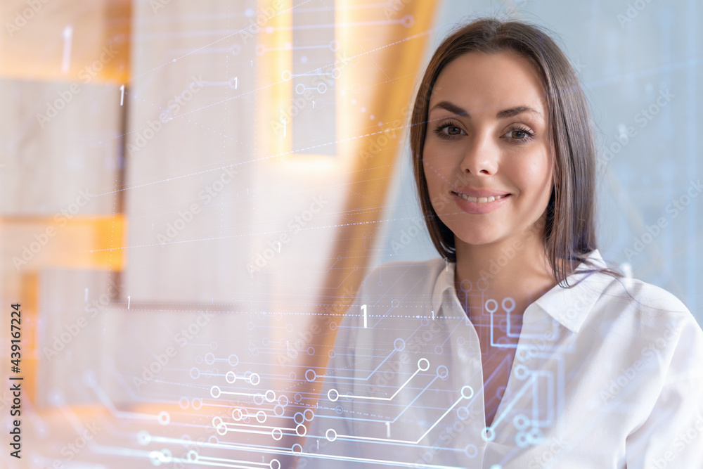 Poster portrait of attractive smiling businesswoman in formal wear thinking how to optimize business proces