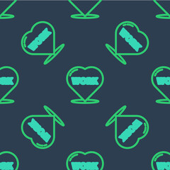 Line Heart with text work icon isolated seamless pattern on blue background. Vector