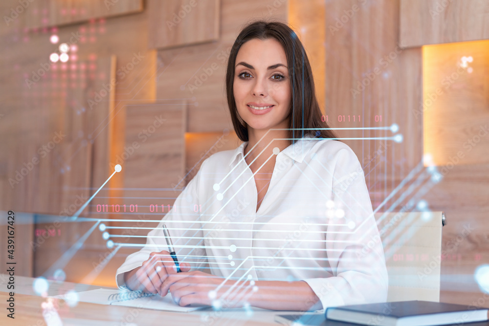 Aufkleber portrait of attractive businesswoman in formal wear working with documents and thinking how to optim