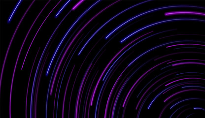 Meteor rain. Neon Light Particles, Shooting Stars, Meteorites Flying at High Speed in a circle on Dark Space Background. Stylish Print Design.