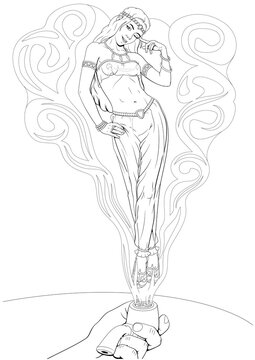 Genie girl in smoke from a smoking pipe. Printable adult coloring page.