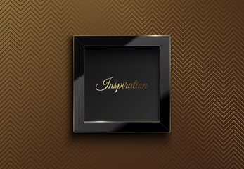 Vector square glossy black luxury frame with golden moulding. Dark gold geometric zigzag pattern. Logo header. Realistic glass frame with reflection gold edge on bronze background. Black Friday banner