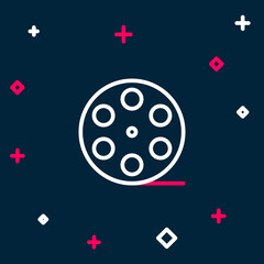 Line Film reel icon isolated on blue background. Colorful outline concept. Vector