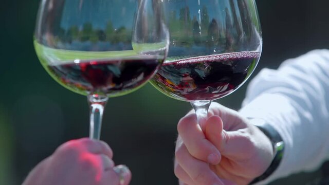 Beautiful people having romantic lunch. Close up wine glasses. Couple toasting during a romantic date 