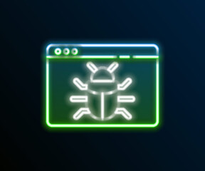 Glowing neon line System bug concept icon isolated on black background. Code bug concept. Bug in the system. Bug searching. Colorful outline concept. Vector