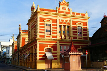 Landmark, facade of the historic public market (Mercado Publico) in the city of Manaus, central...