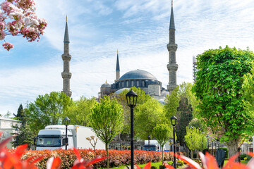 Blue Mosque Sultan Ahmed Mosque with flowers in Istanbul, Turkey