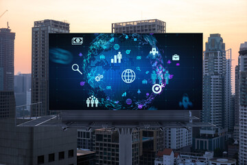 World planet Earth map hologram of social media icons over sunset panoramic cityscape of Bangkok, Southeast Asia. The concept of people connections.