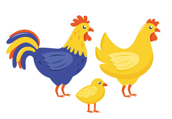 Farm birds family. Chicken, rooster, chick isolated on white background. Vector illustration.