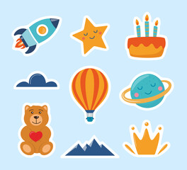 Cute kids stickers: rocket, star, planet, teddy bear, cloud, cake, aerostat. Cartoon illustration for children's sticker. Colorful vector illustration.