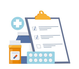Vials of medicines, tablets, capsules and clipboard with checklist. Medicine, pharmacy concept. Drug, medication, plastic bottle with pills. Vector illustration.