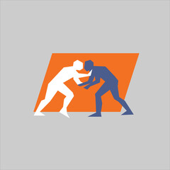 two abstract silhouettes wrestlers, in a scrum. colored sign.