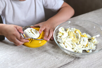 lifestyle preschooler child girl cook food in the kitchen. development of fine motor skills in everyday life from scrap materials. the child cuts the eggs with a yellow egg cutter.
