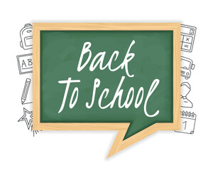 Back to school text on green blackboard with hand drawn icons around it
