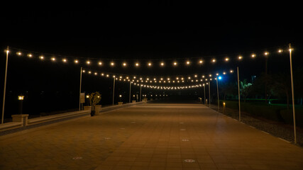 Small pathway decorated with string lights