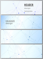 Vector layout of headers, banner templates for website footer design, horizontal flyer design, website header backgrounds. Blue medical background with connecting lines and dots, plexus.