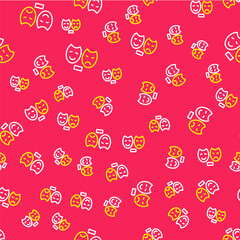 Line Comedy and tragedy theatrical masks icon isolated seamless pattern on red background. Vector