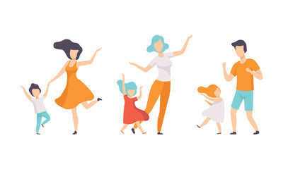 Parents and their Kids Having Fun Set, Families Dancing Together Flat Vector Illustration
