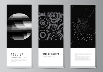 Vector layout of roll up mockup templates for vertical flyers, flags design templates, banner stands, advertising. Abstract technology black color science background. Digital data. High tech concept.