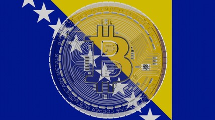Large transparent Glass Bitcoin in center and on top of the Country Flag of Bosnia and Herzegovina