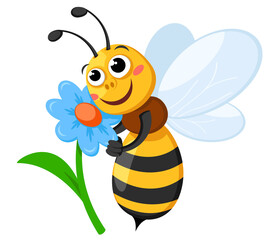 Bee hugs a flower on a white. The character