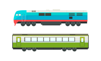 Railway Passenger Suburban Vehicles Set, Side View of Railroad Transport Flat Vector Illustration