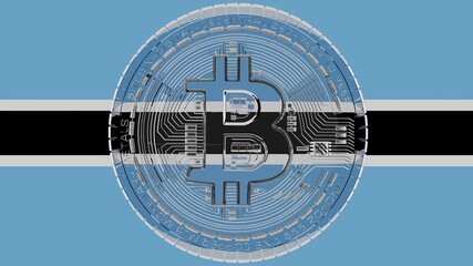 Large transparent Glass Bitcoin in center and on top of the Country Flag of Botswana