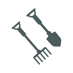 Agriculture tools, dig, fork, shovel icon. Gray color vector.