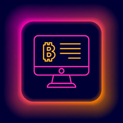Glowing neon line Mining bitcoin from monitor icon isolated on black background. Cryptocurrency mining, blockchain technology service. Colorful outline concept. Vector